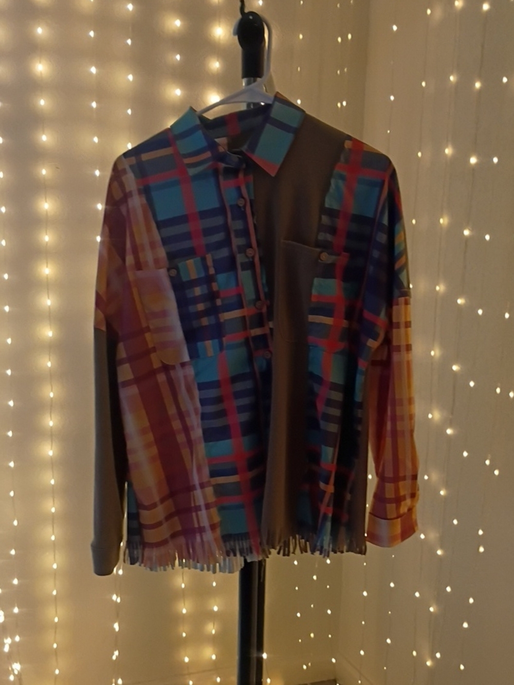 Plaid Fringe Button-Up Jacket in Multicolor